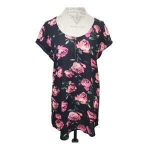 Larry Levine Pink & Black Floral Sheer Tunic Short Sleeved Blouse Shirt Top
